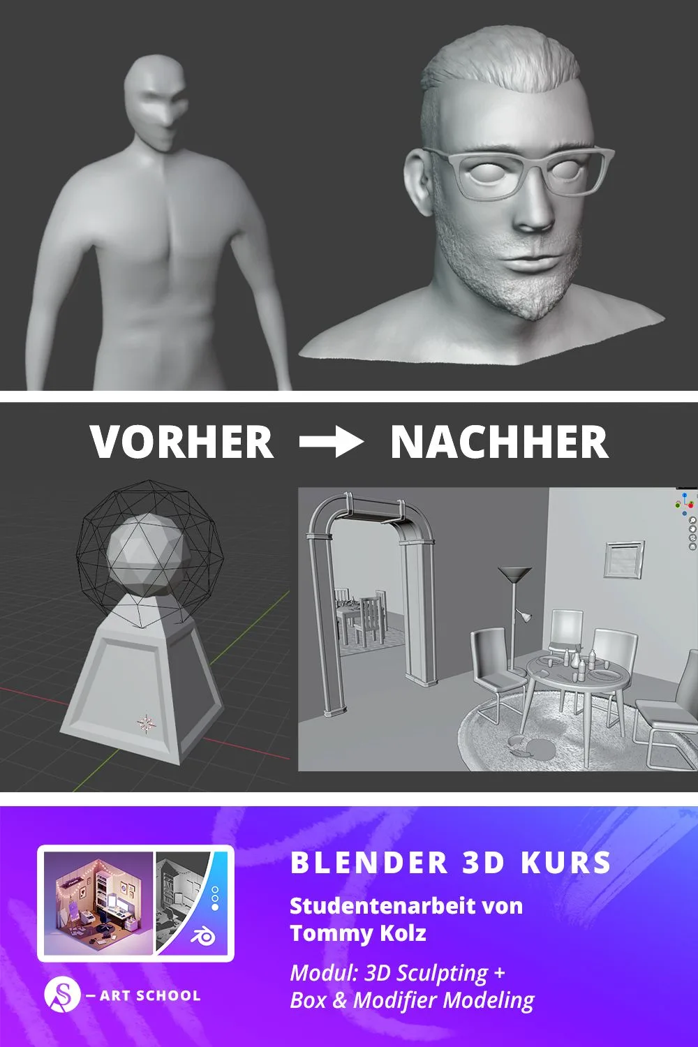 3D-Modellierung Vorher-Nachher: Einfaches Kopfmodell zu detaillierter Human-Sculpt, Leuchtenlamp und Büro-Interior