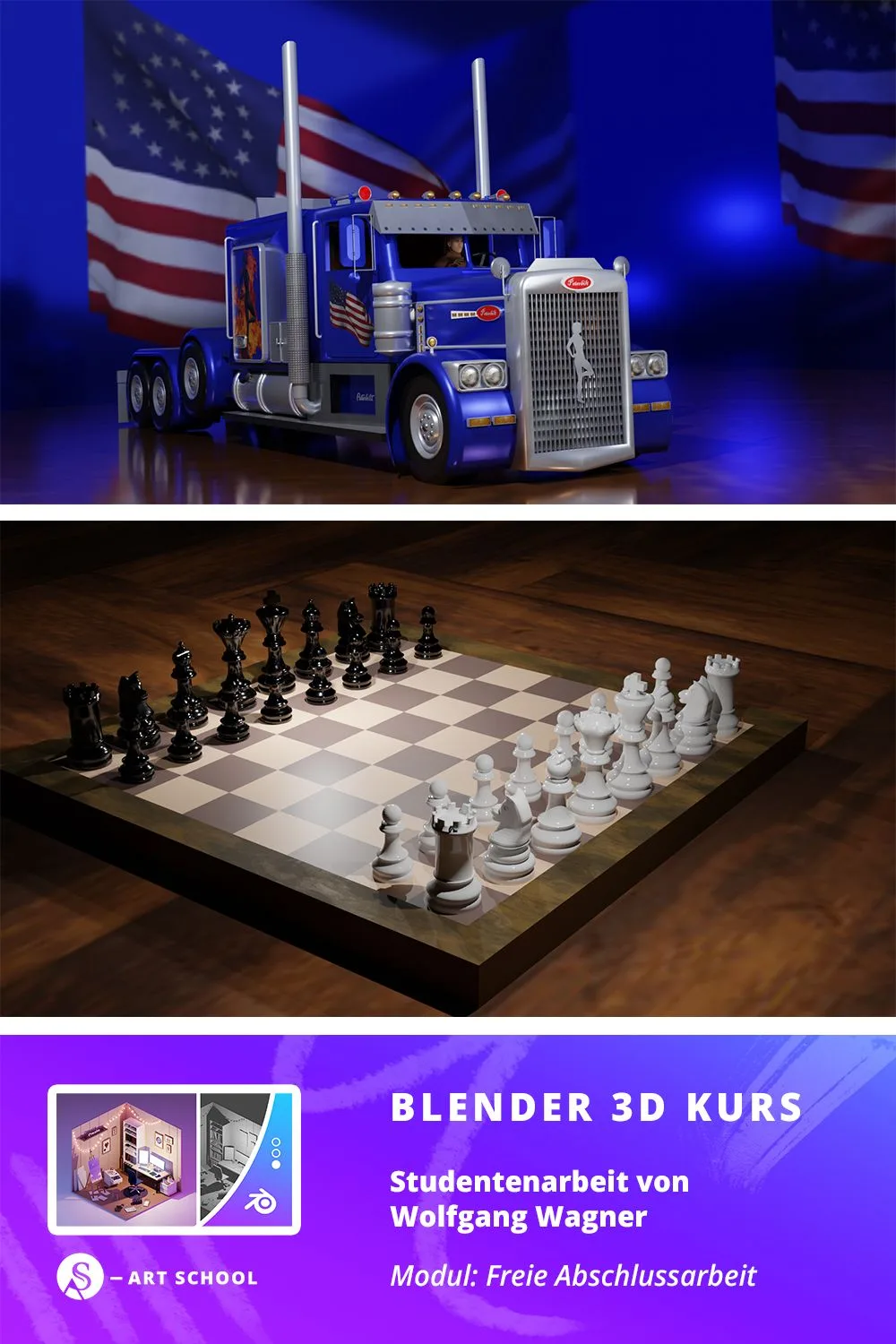 3D-modellierter blauer Lastwagen und Schachspiel auf Brett, fotorealistisch gerendert