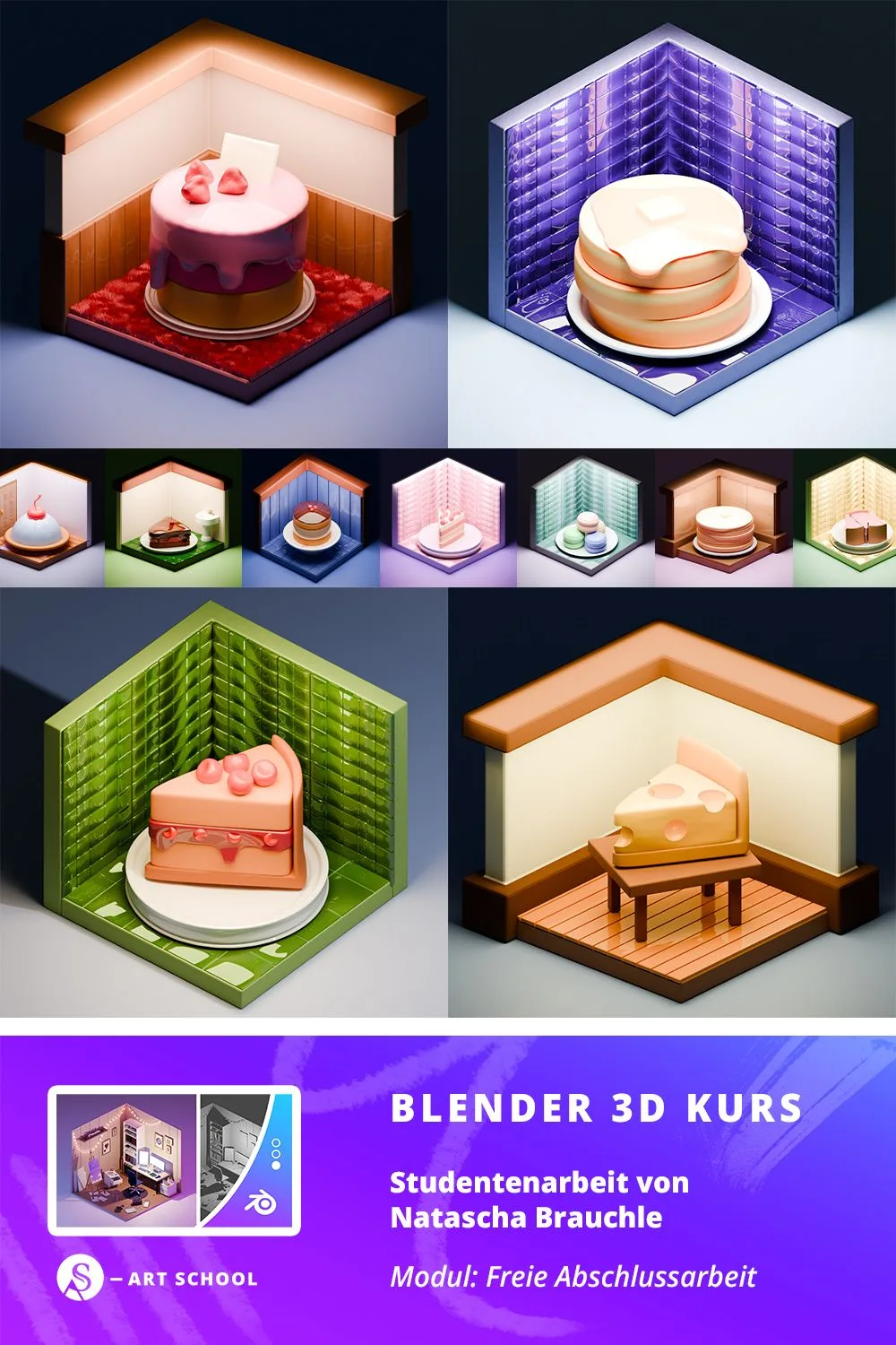 3D-modellierte Torten und Kuchen in bunten Räumen, isometrische Darstellung mit Farbvarianten