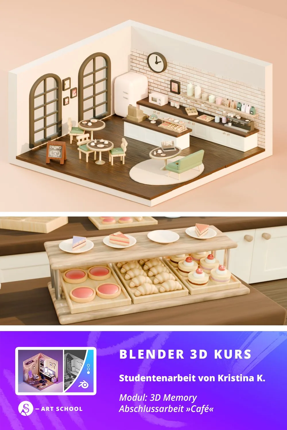 3D-modelliertes Café-Interior mit Möbeln und Bäckerei-Display, warmer Stil