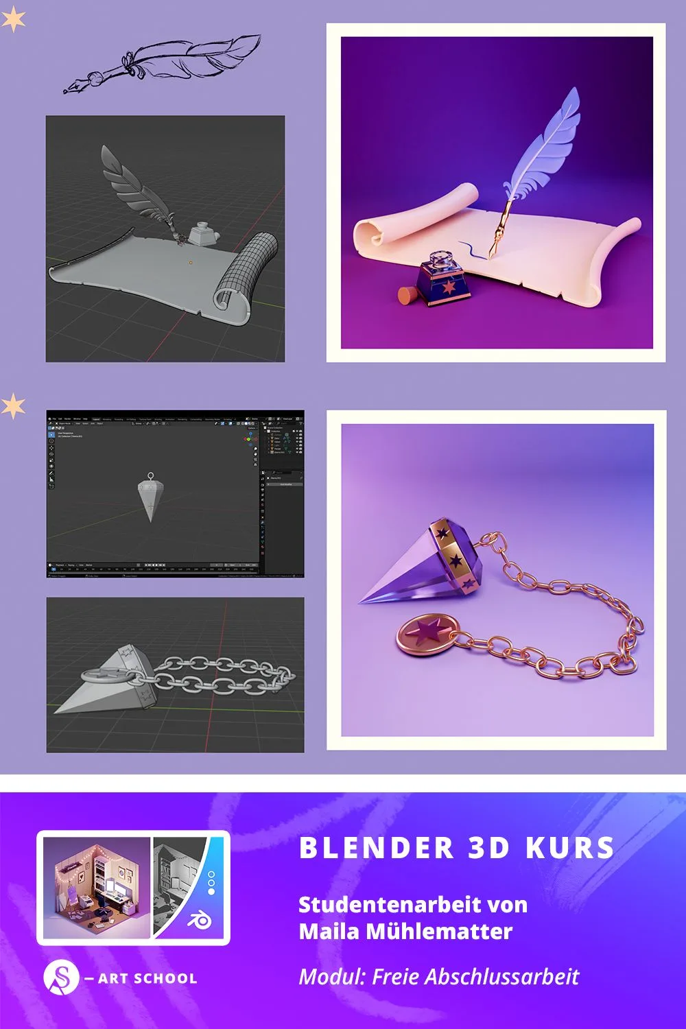 3D-modellierte magische Objekte: Feder, Schriftrolle, Trank und Pendel mit Kette