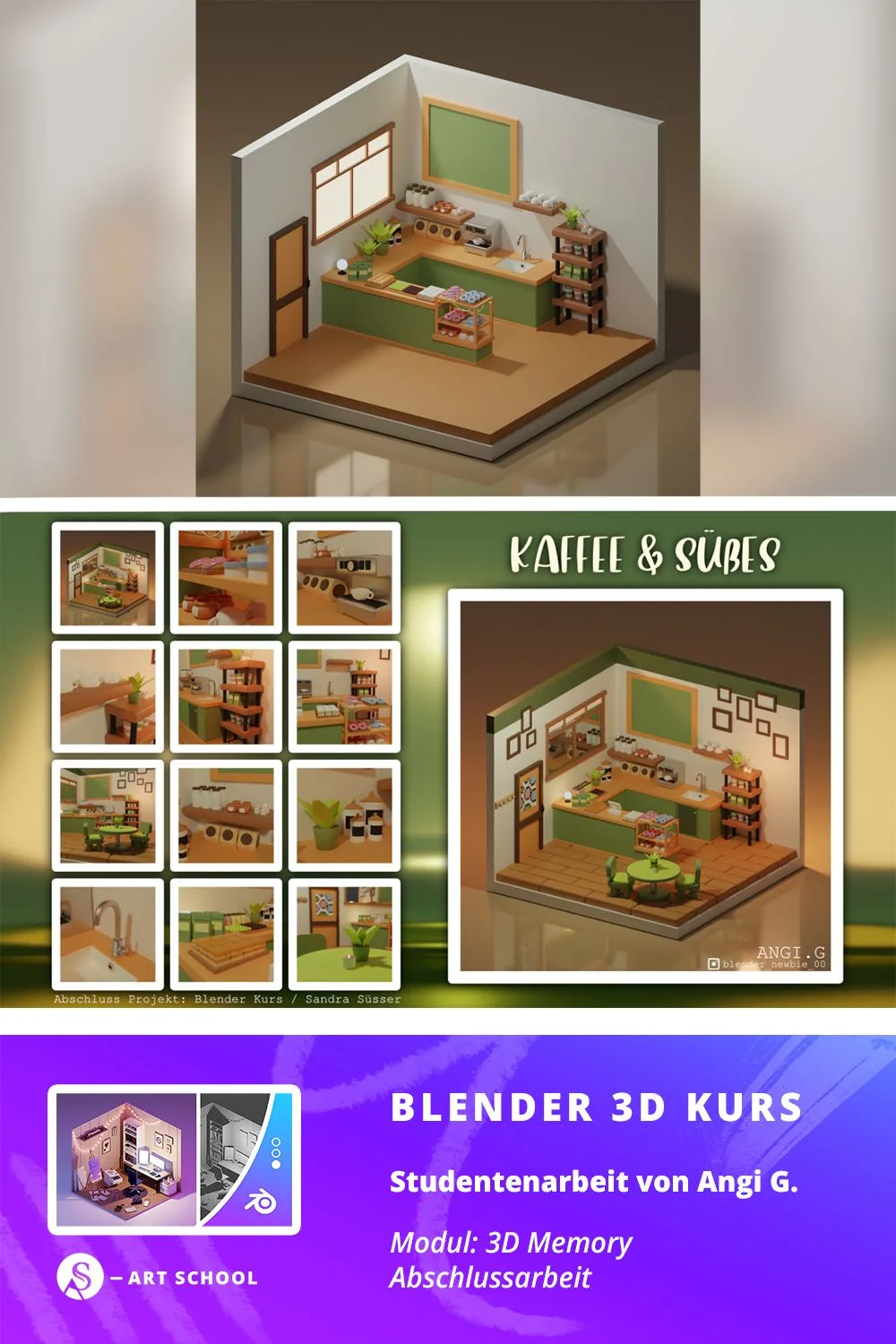 3D-modellierte grüne Kaffee- und Süßes-Küche mit Regalen und Tische, warmes Interieur