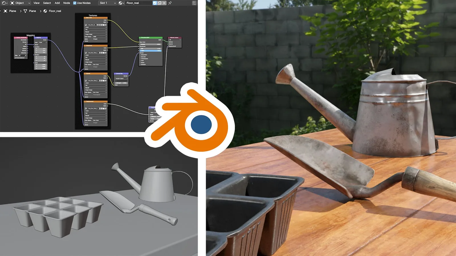 Blender-Shader-Editor mit Nodes und gerenderte Gartenszene mit metallischer Gießkanne und Werkzeugen