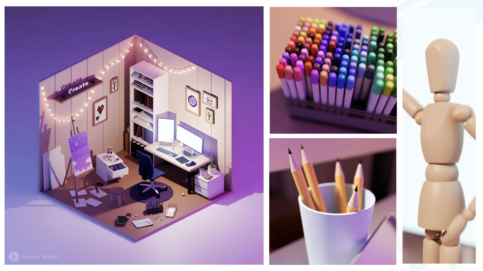 Galerie mit isometrischem Raum-Rendering, Marker-Farbpalette und Holzfigur-Modellen