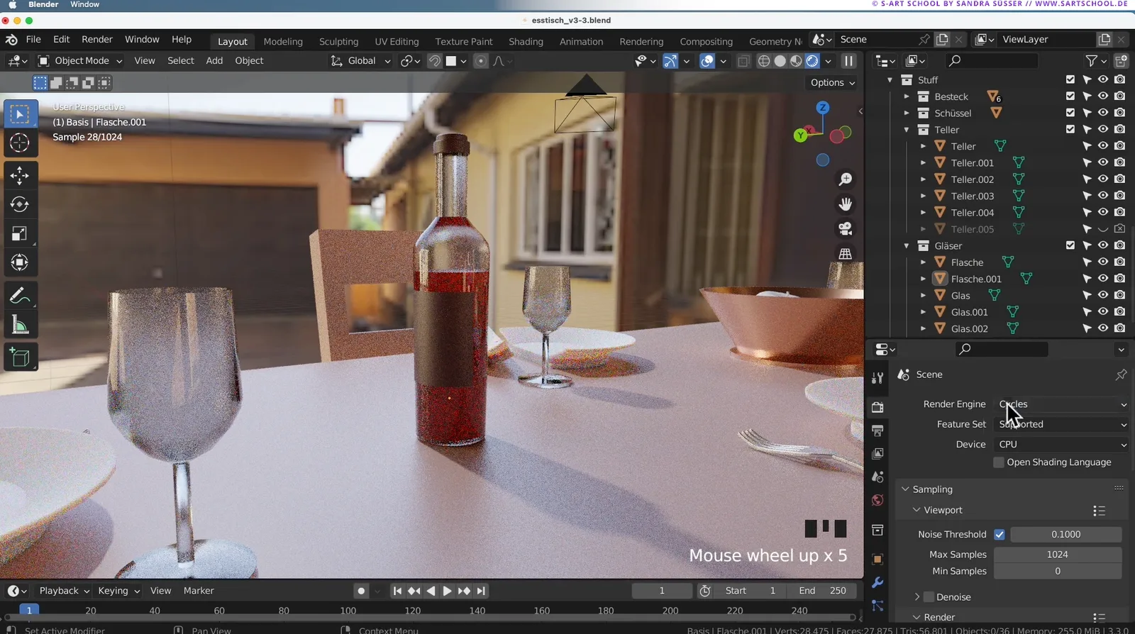Blender 3D-Interface mit fotorealistische Szene: Weinflasche, Weingläser und Besteck auf Tisch vor unscharfem Haus-Hintergrun