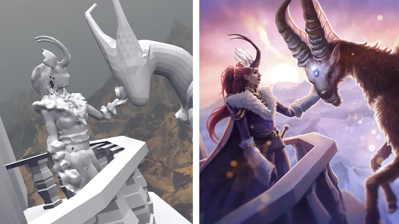 Zwei 3D-Renderings nebeneinander: links weißes Clay-Render einer Frau mit Hörnern und großen Ohren, rechts farbiges Rendering