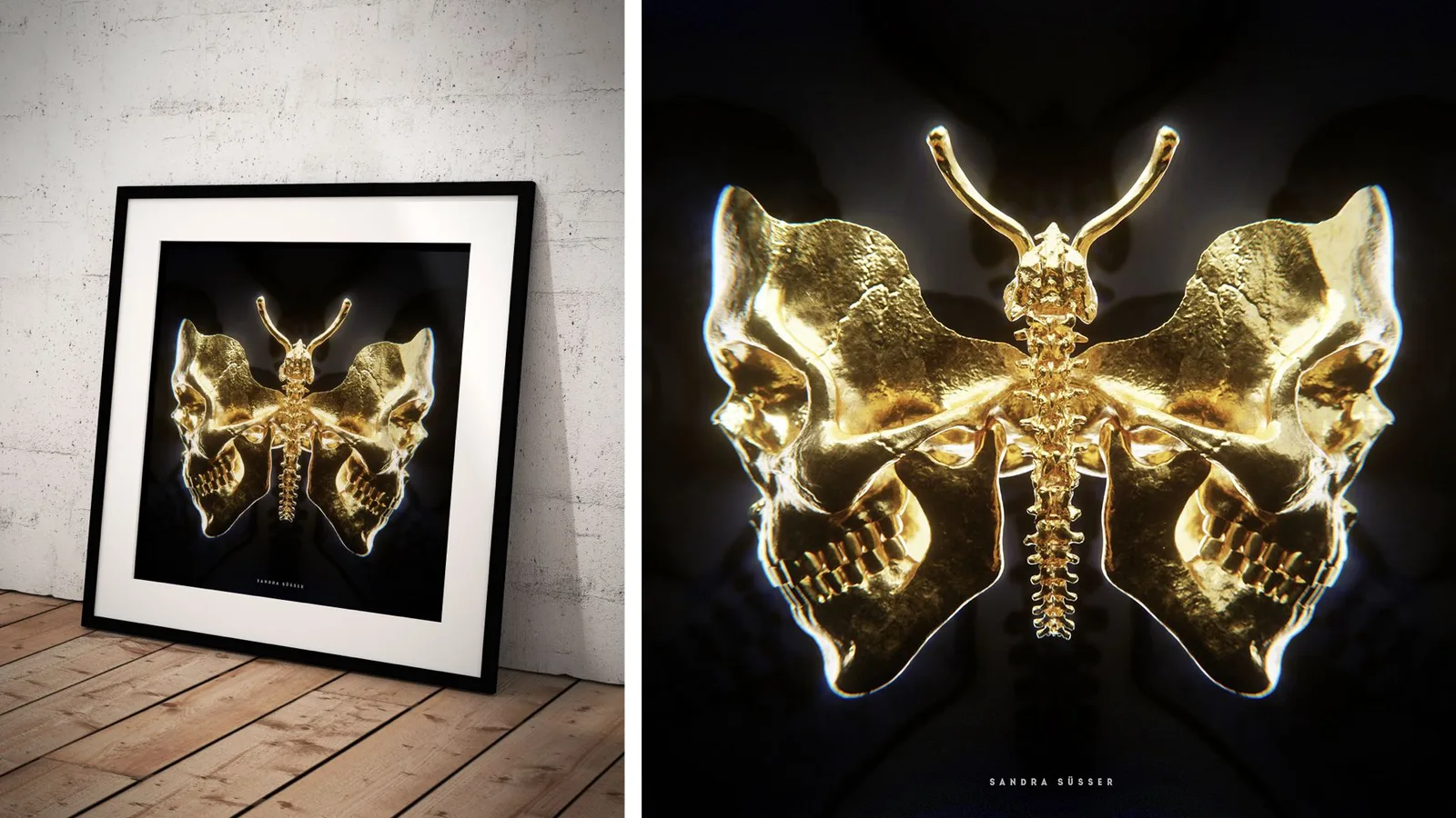 Zwei Bilder: links Kunstwerk in schwarzem Rahmen an Wand zeigt goldene Skulptur eines Insekts mit Schädel-Elementen auf schwa