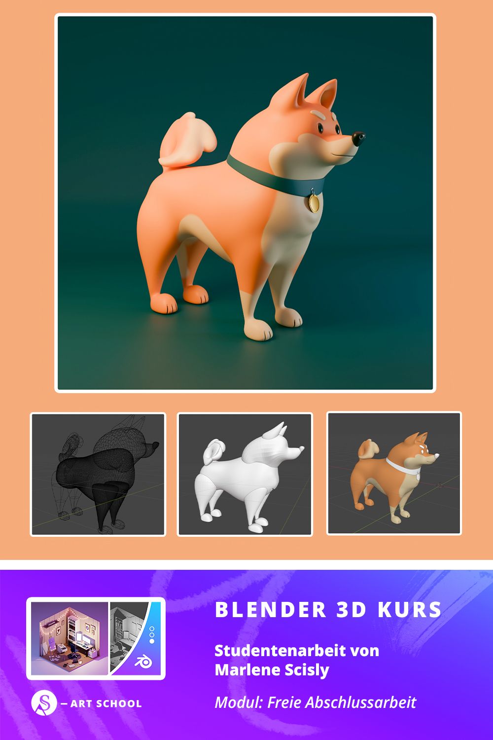 3D-modellierter orangefarbener Hund mit Halsband, verschiedene Entwicklungsstufen gezeigt