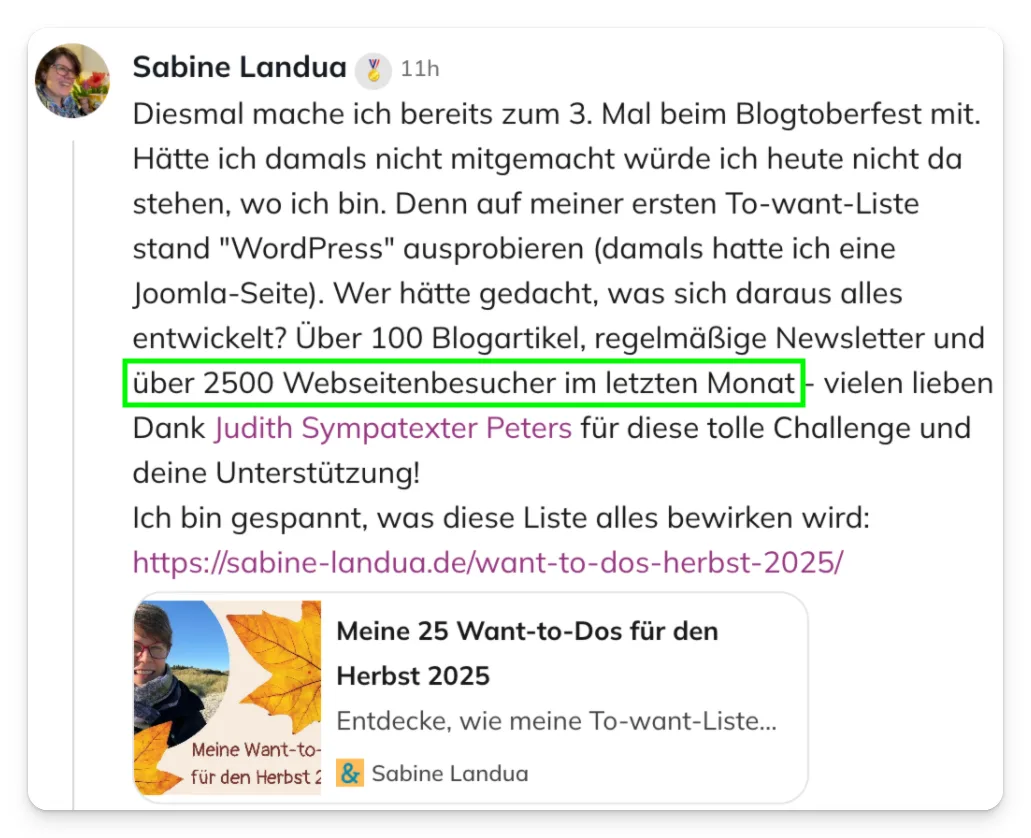 Blogtimize – Videokurs zur Blog-Optimierung von Judith Peters 8 Screenshot eines Facebook-Posts von Sabine Landua über Blogtoberfest Erfolge und über 2500 Website-Besucher