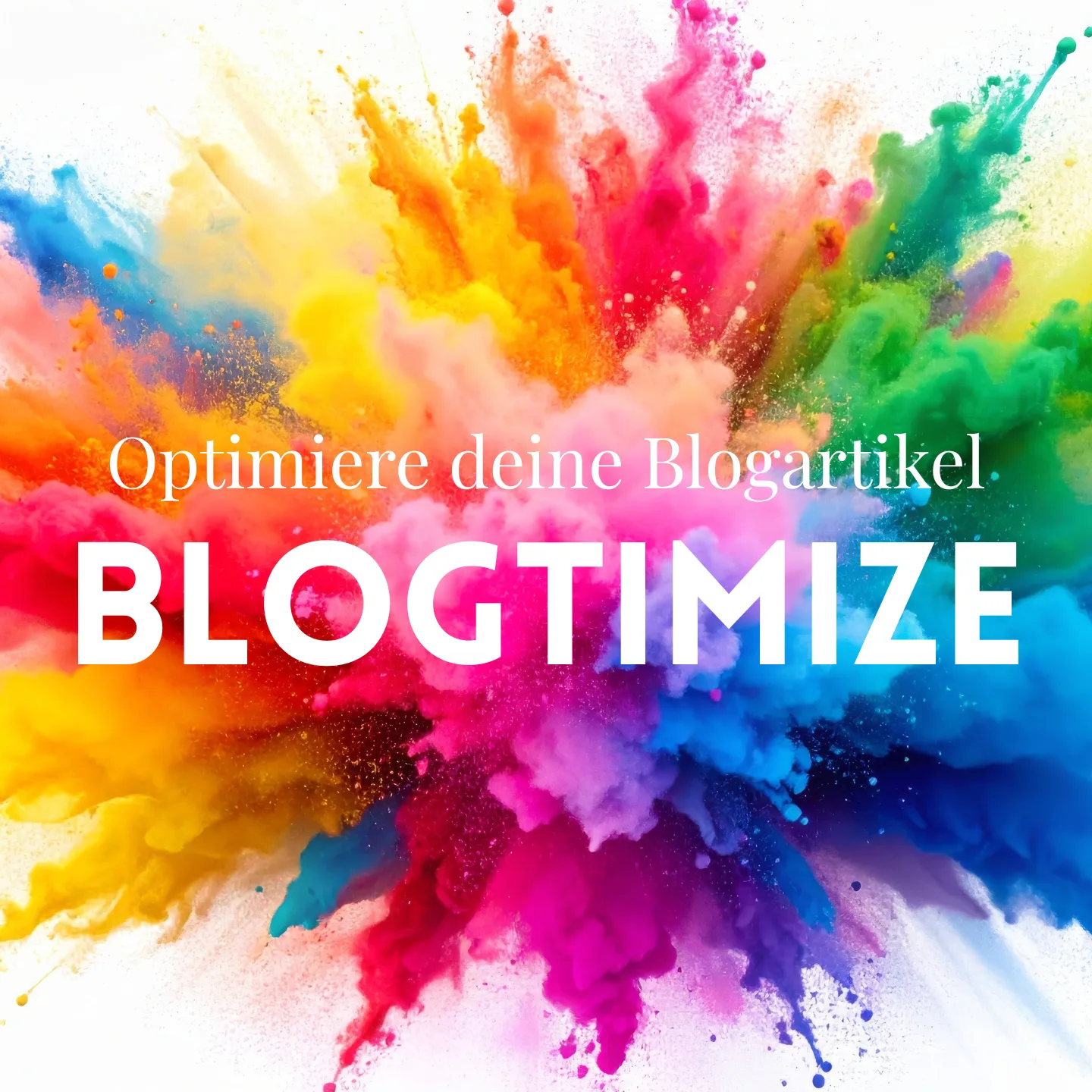 Blogtimize – Videokurs zur Blog-Optimierung von Judith Peters 2 Bunter Farbpulver-Explosion auf weißem Hintergrund in Regenbogenfarben