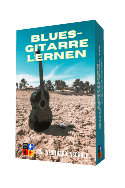 Blues-Gitarre lernen Produktverpackung mit schwarzer Gitarre am Strand