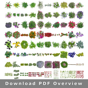 Sammlung verschiedener Pflanzen und Blumenbetten in Draufsicht, mehrere Variationen