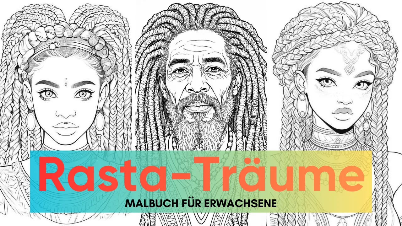 Blütenzauberei – Malbuch für Erwachsene von Martina Meier 4 Drei Porträts von Personen mit verschiedenen Rastazöpfen und Flechtfrisuren zum Ausmalen