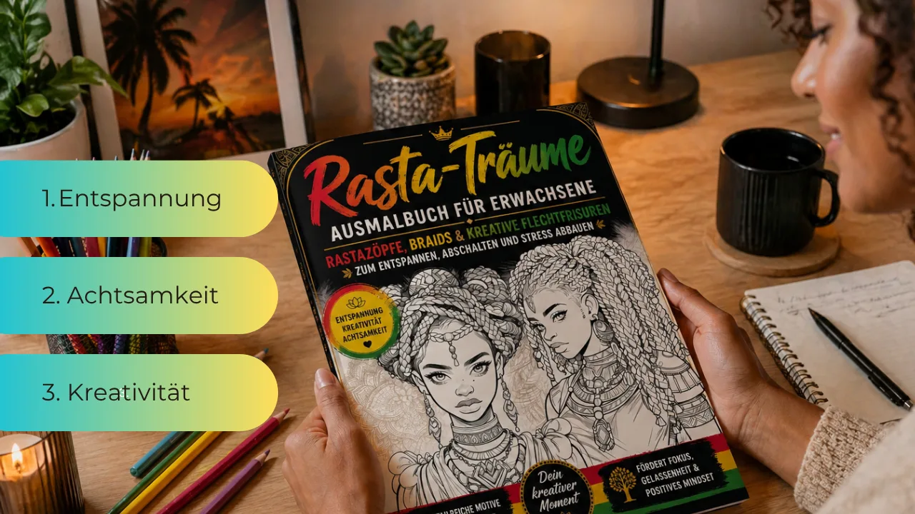 Blütenzauberei – Malbuch für Erwachsene von Martina Meier 5 Rasta-Träume Malbuch in Hand auf Schreibtisch mit Entspannungs-Label