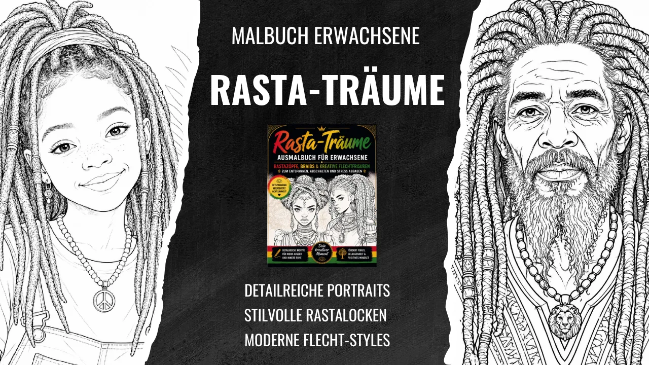 Blütenzauberei – Malbuch für Erwachsene von Martina Meier 6 Video-Thumbnail für Rasta-Träume Malbuch mit Porträts von Frau und Mann mit Rastazöpfen