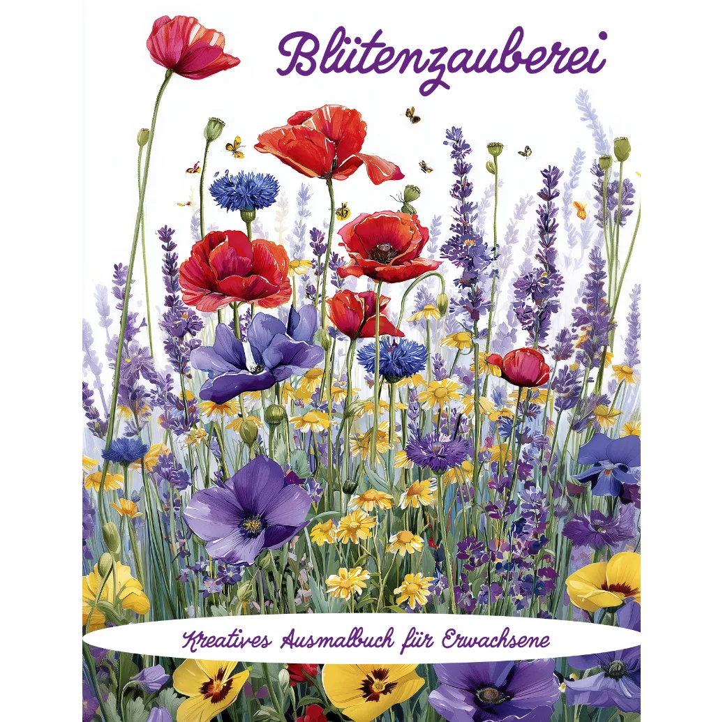 Blütenzauberei – Malbuch für Erwachsene von Martina Meier 1 Blütenzauberei Malbuch Cover mit farbigen Blumen und Blüten