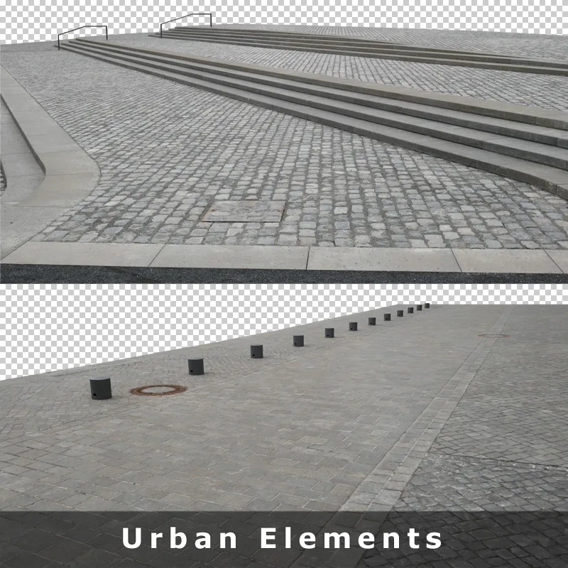 Architektur-Visualisierung mit Pflastersteinen, Treppen und urbanen Elementen