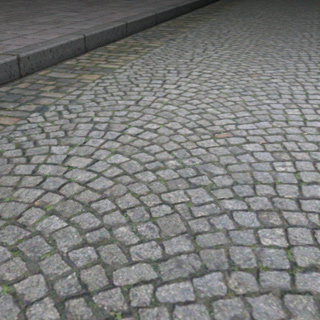Bodentexturen für 3D-Rendering 13 Perspektivische Ansicht einer grünen Kopfsteinpflaster-Textur mit Bordstein
