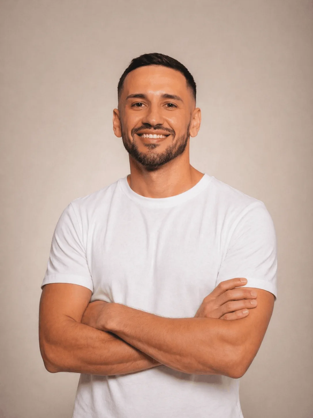 Body Harmony – Abnehmcoaching für Frauen von Tom Feenstra 12 Tom Feenstra Portrait – Fitness-Trainer in weißem T-Shirt mit verschränkten Armen