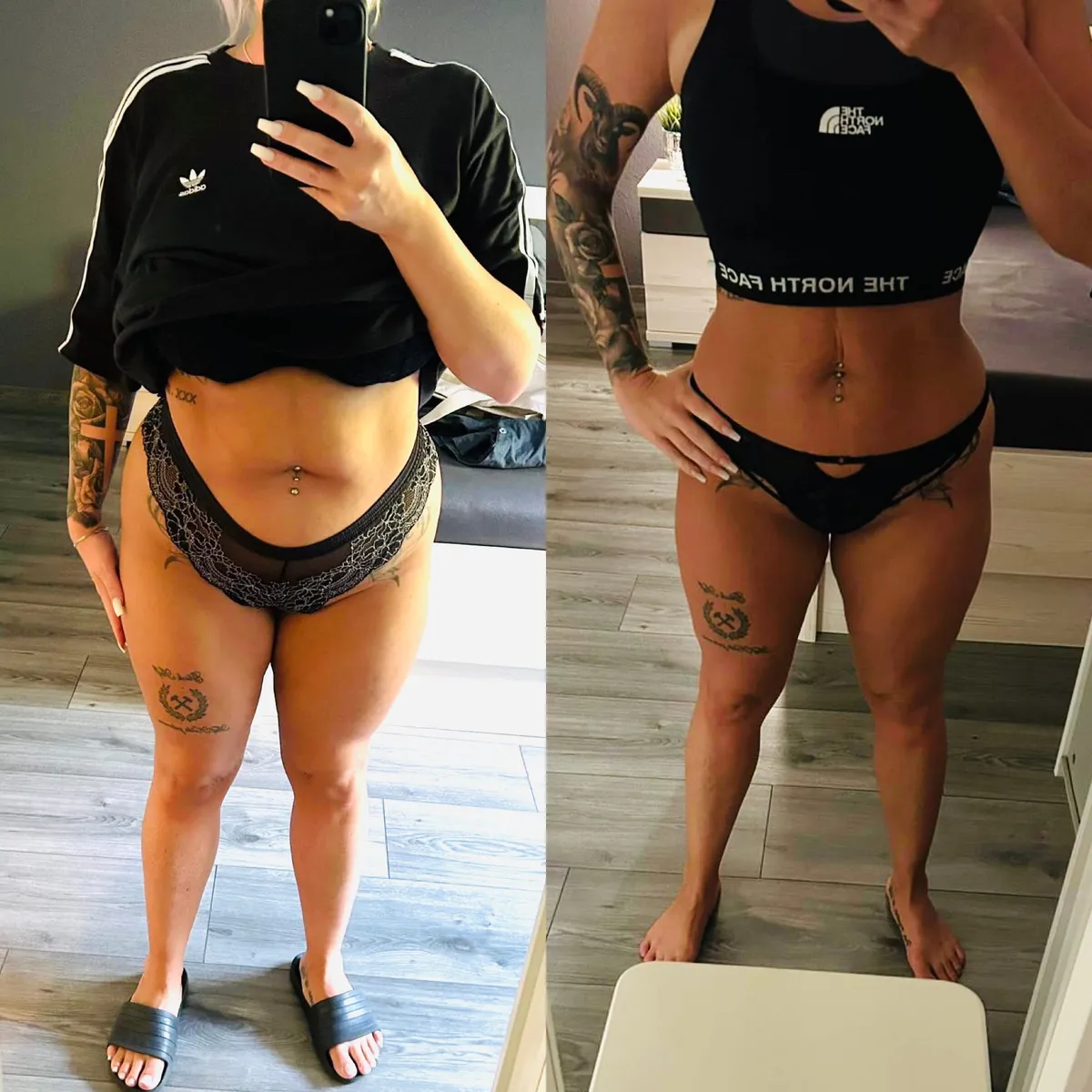 Body Harmony – Abnehmcoaching für Frauen von Tom Feenstra 8 Vorher-Nachher Vergleich einer Frau in schwarzer Sportkleidung, Spiegelselfie und Ganzkörperfoto