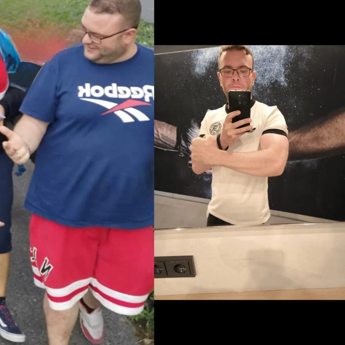 Body Harmony – Abnehmcoaching für Frauen von Tom Feenstra 9 Vorher-Nachher Vergleich eines Mannes, links übergewichtig in blauem Reebok Shirt, rechts schlank in weißem Shirt