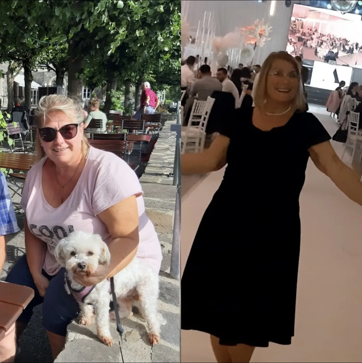 Body Harmony – Abnehmcoaching für Frauen von Tom Feenstra 10 Frau mittleren Alters mit Sonnenbrille sitzt auf Bank mit weißem Hund an ihrer Seite