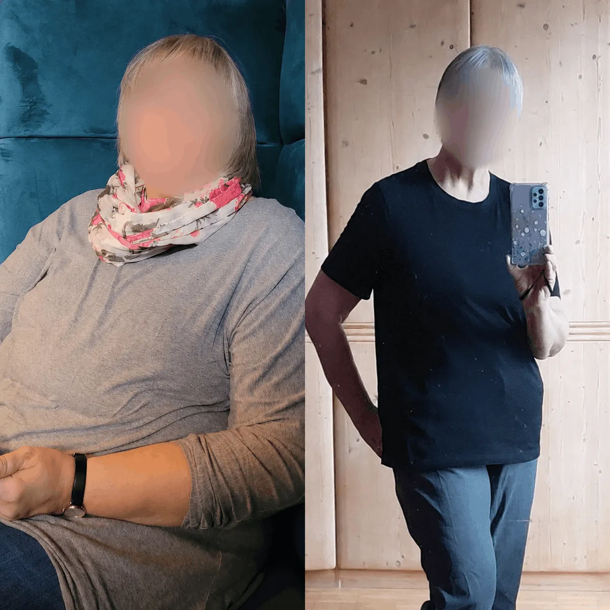 Body Harmony – Abnehmcoaching für Frauen von Tom Feenstra 6 Vorher-Nachher Transformation Foto von zwei Personen mit verpixelten Gesichtern