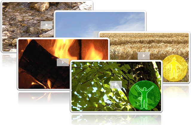 Collage mit fünf Bildern zu Naturthemen und Energie: Steinoberfläche, blauer Himmel, Feuer, grüne Blätter und gelbe Energiesy