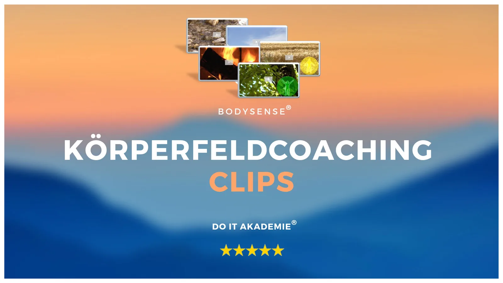 Hero-Banner für BodySense Körperfeldcoaching Clips mit Berglandschaft, Logo und fünf Sternen