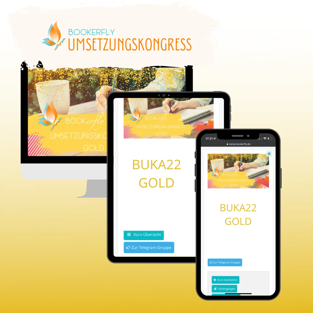 Mockup Gold Paket Zugang auf Desktop, Tablet und Smartphone mit Kurs-Übersicht und Telegram-Gruppe