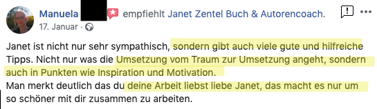 Facebook-Empfehlung von Manuela für Janet Zentel mit Portrait und Sympathie-Bewertung