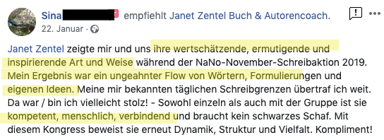 Facebook-Empfehlung von Sina für Janet Zentel mit Portrait und detailliertem Feedback