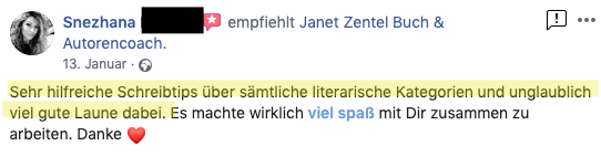 Facebook-Post von Snezhana mit Empfehlung für Janet Zentel Buch & Autorencoach