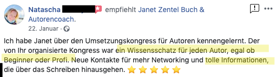Facebook-Empfehlung von Natascha für Janet Zentel mit Portrait und fünf Sternen