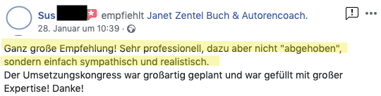 Facebook-Empfehlung von Sus für Janet Zentel Buch & Autorencoach zum Umsetzungskongress