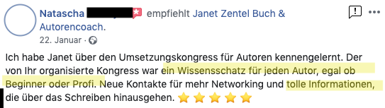 LinkedIn-Empfehlung von Natascha für Janet Zentel Buch & Autorencoach zum Umsetzungskongress