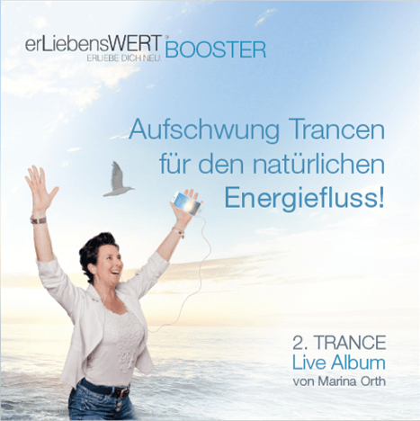 CD-Cover Booster Album 2 mit Frau am Strand, Vögeln und Text zur Aufchwung für natürlichen Energiefluss