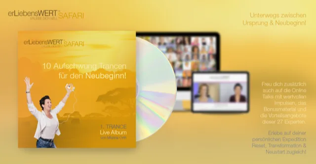 Produktabbildung erLiebensWERT Safari Album mit CD, zeigt Frau mit erhobenen Armen und Geräte-Mockups