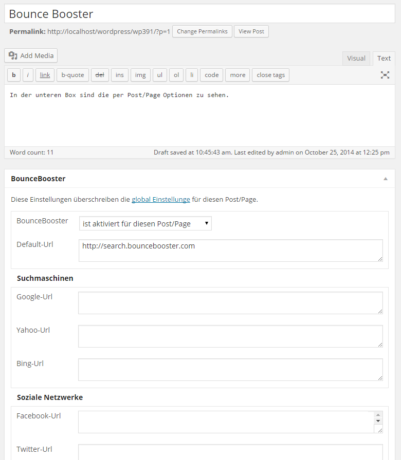 BounceBooster – WordPress-Plugin für Bounce Rate 5 BounceBooster Post und Page Optionen - Screenshot der WordPress-Editor-Metabox mit Konfigurationsfeldern für einzelne Beiträg