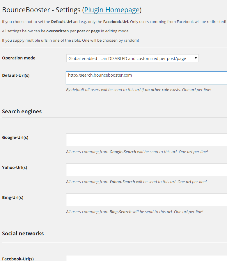 BounceBooster – WordPress-Plugin für Bounce Rate 6 BounceBooster globale Einstellungen (englische Version) - Screenshot mit Operation Mode, Default-URL und Konfigurationen für