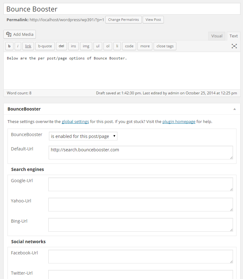 BounceBooster – WordPress-Plugin für Bounce Rate 7 BounceBooster Post und Page Optionen (englische Version) - Screenshot der Metabox mit Aktivierungsoptionen und Umleitungsziel