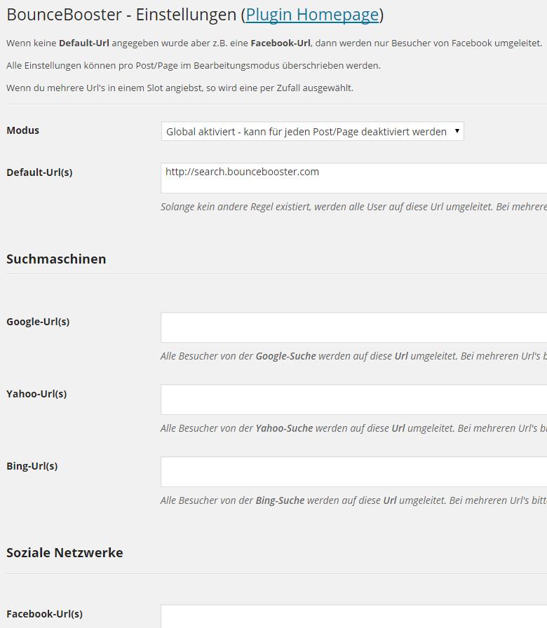 BounceBooster – WordPress-Plugin für Bounce Rate 4 BounceBooster globale Einstellungen - Screenshot der Plugin-Konfigurationsseite mit Feldern für Default-URL, Suchmaschinen un