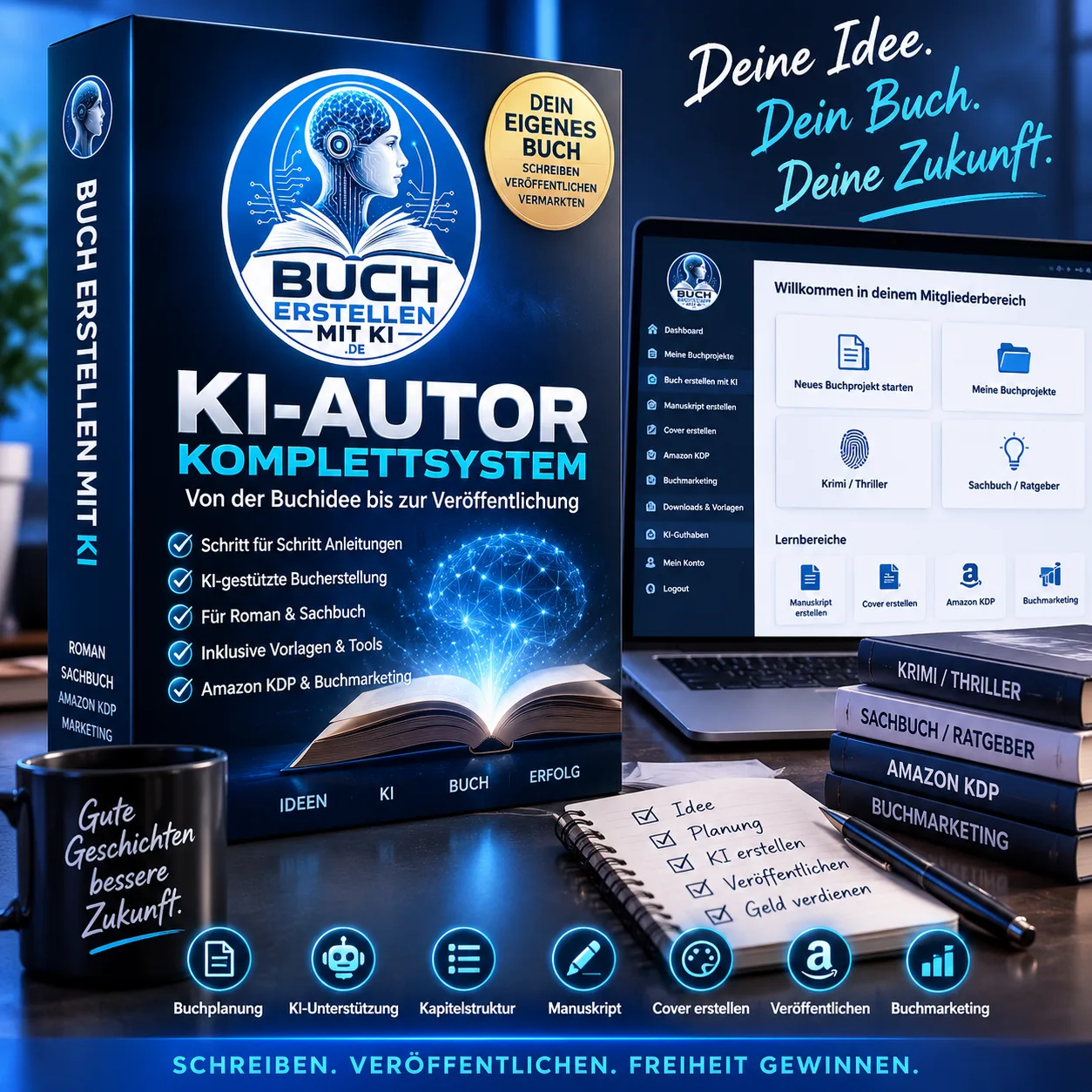 KI-Autor Komplettsystem Produktbox mit blauem Design, offener Buch-Grafik und KI-Gehirn-Logo