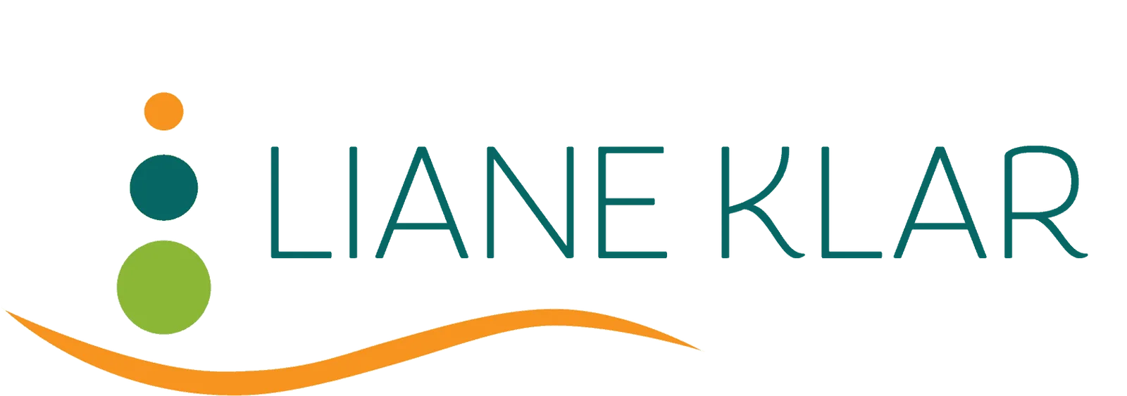 Logo "LIANE KLAR" mit Wellen- und Kreis-Motiven in Teal, Grün und Orange