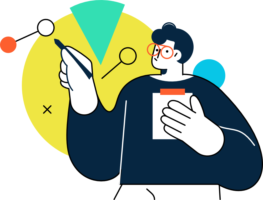 Illustrierte Person mit Brille hält Klemmbrett, arbeitet an Buchhaltung
