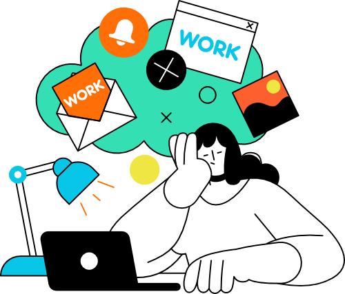 Illustrierte Person am Laptop mit Gedankenblasen voller Aufgaben und Symbole