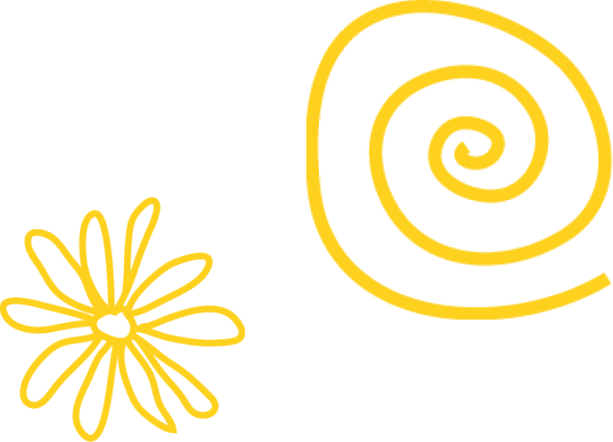 Buchmarketing Magie – Videokurs zur Autorenmarke 8 Dekorative gelbe Doodles mit Blume und Spirale auf weißem Hintergrund