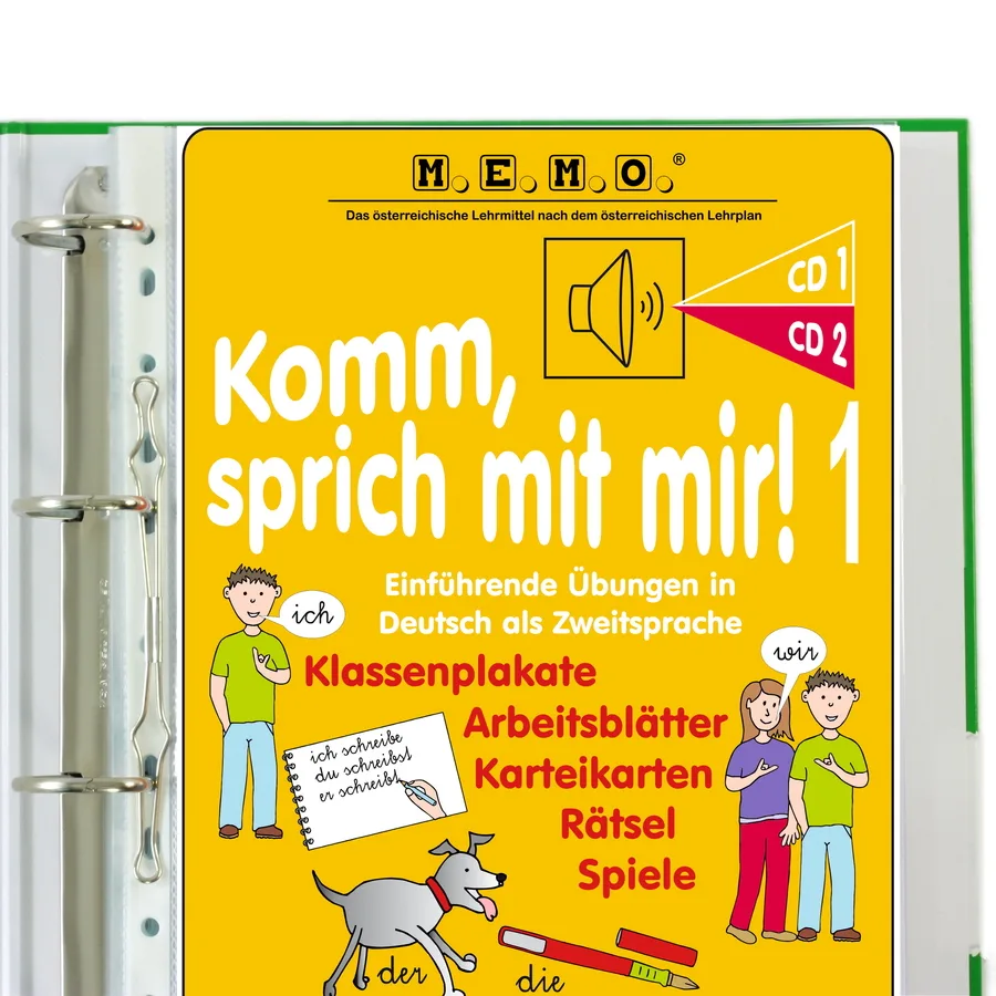 MEMO Lehrmittel Cover Komm, sprich mit mir! 1 mit Lautsprecher und CD-Symbolen auf Gelb