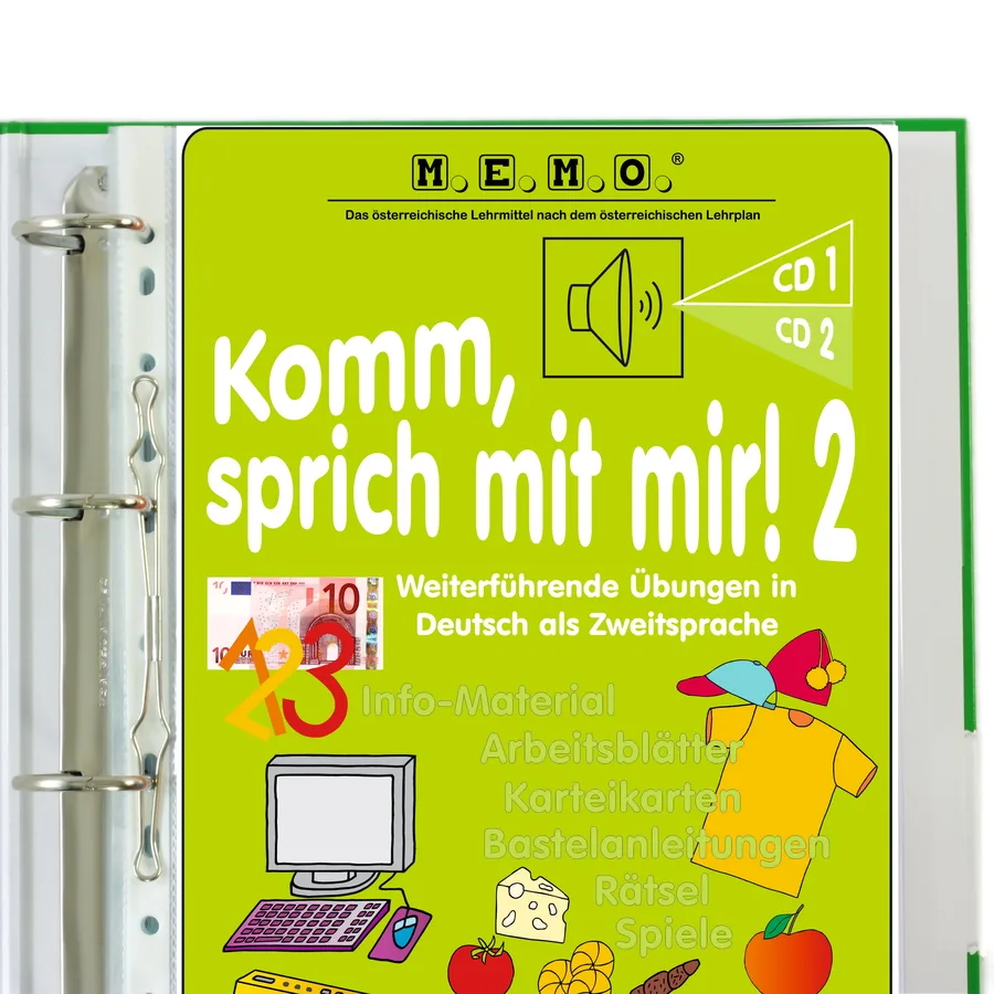 MEMO Lehrmittel Cover Komm, sprich mit mir! 2 mit Lautsprecher und CD-Symbolen auf Gelbgrün