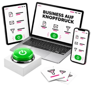 Produktmockup: Business auf Knopfdruck auf Laptop, Tablet und Smartphone mit grünem Power-Button